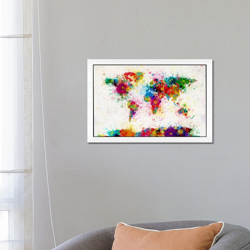 World Map Paint Drops III by Michael Tompsett - Painting on Canvas, 101.6 cm H x 66.04 cm W, White Framed