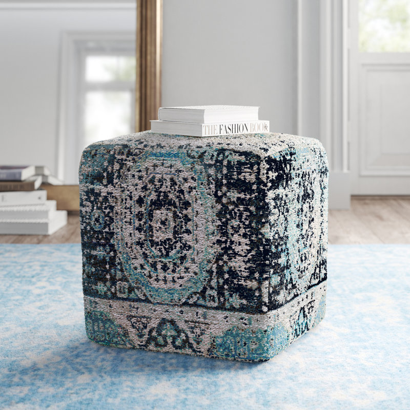 Livabliss Navy Chenille-Polyester and Cotton Pouf