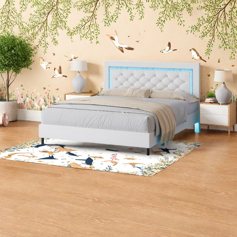 Structure de lit beige robuste, cuir PU avec DEL, chambre à coucher moderne