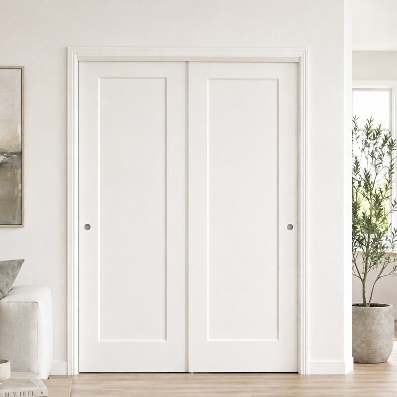 Porte intérieure coulissante double à double dérivation avec quincaillerie, ensemble de portes moulées à panneau creux blanc avec rail en aluminium et roulettes silencieuses