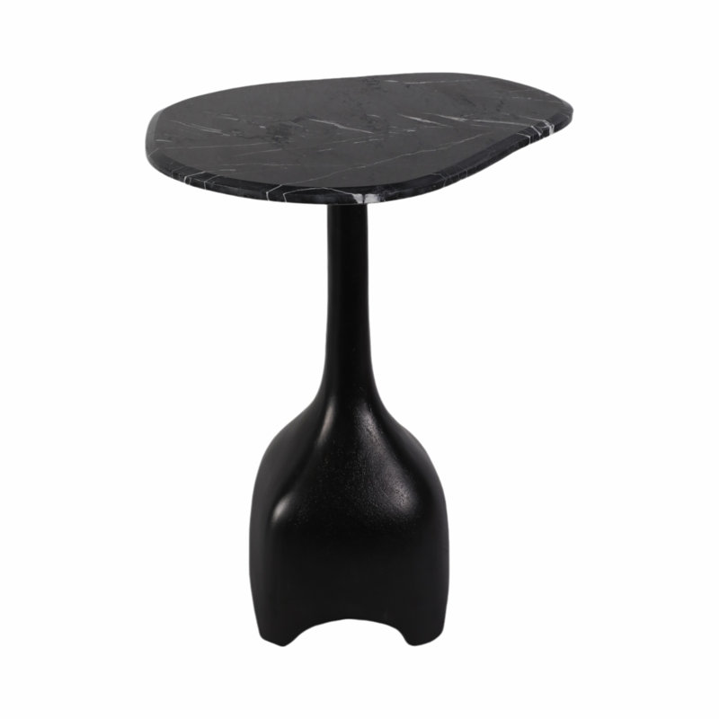 Modern Contemporary Accent Table with Marble Top and Sculpted Stone Aluminum Metal Base., Black