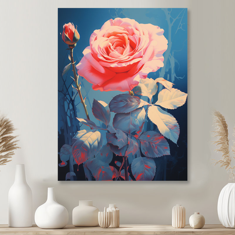 Rose rose au clair de lune rétro - art mural salon rose, Métal métal, H 44 po x l 34 po x P 1,5 po