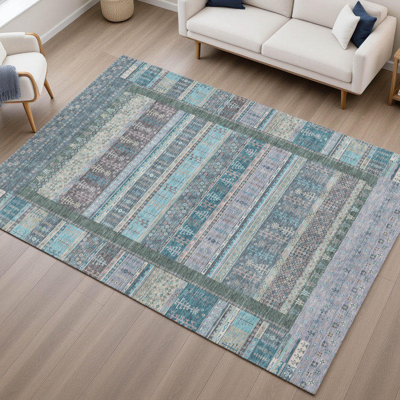 Premium Machine Washable Mayfield AMF2160 Striped Rug, Teal, Rectangle 5' x 7'6"