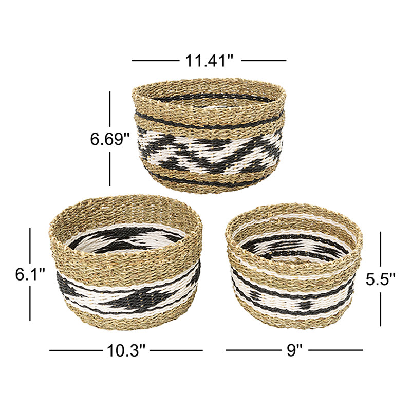 Set of 3 Seagrass and Paper Rope Baskets – Natural Hand-Woven Decorative Storage with Geometric Patterns