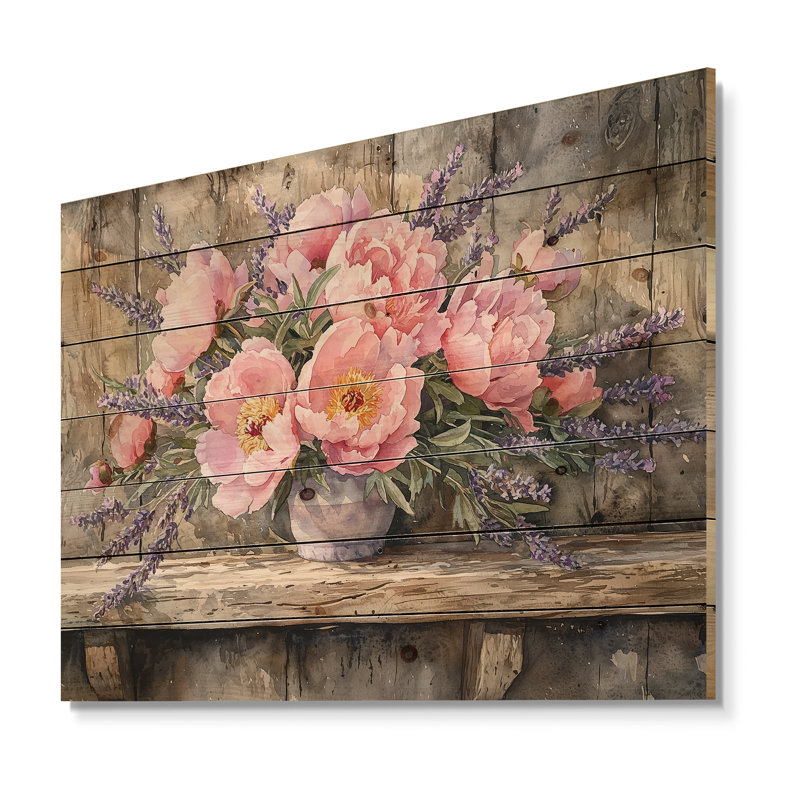 Pivoines et bouquet de lavande II - Art mural en bois pivoines - sur bois de pin naturel, H 10 po x l 20 po x P 0,78 po