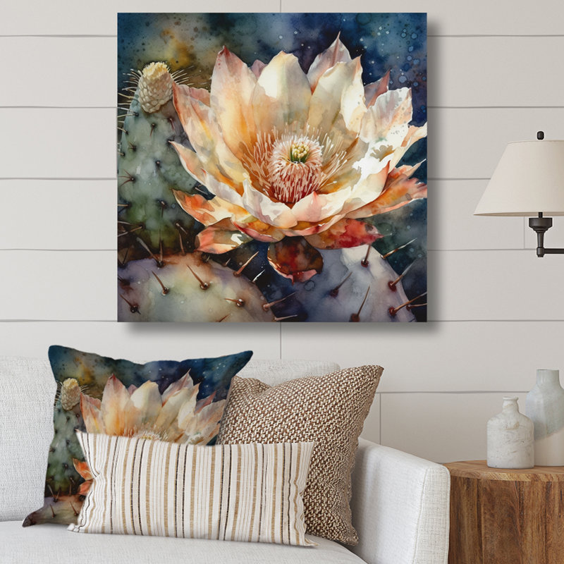 Rozann, fleur de cactus blanc bleu sur toile, H 36 po x l 36 po x P 1,5 po, Toile tendue