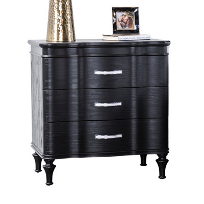 Transitional Black Solid Wood Nightstand With 3 Drawers, Easy - To Assemble Feature And Felt Lined Drawer Modern Bar Pull, Top Curved Front Panels