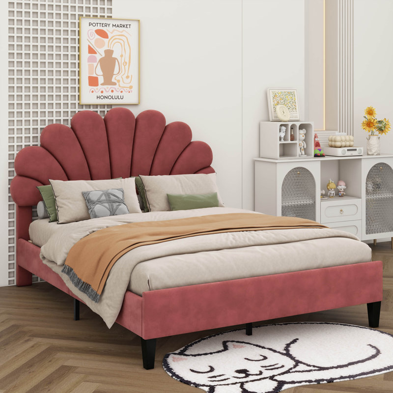 Structure de lit plateforme en bois pour grand lit avec tête de lit à motif de fleurs, Beige, Double