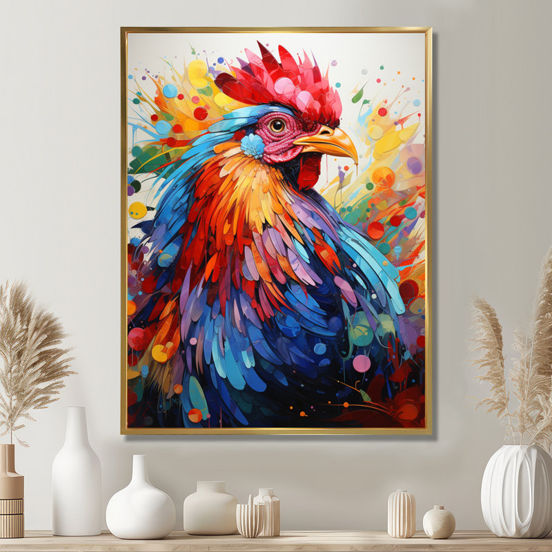 Colourful Rooster Popart - Rooster Animal Wall Art, Gold Floater Framed, 20" H x 12" W x 1" D