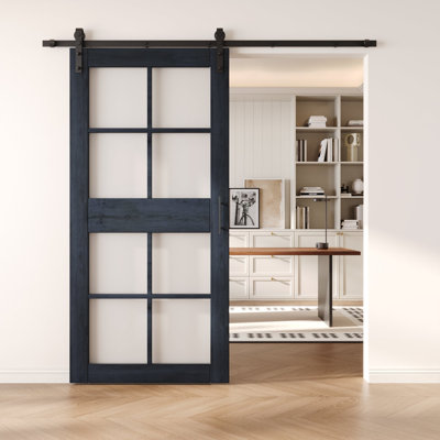 Homacer Navy 32in x 84in 8-Lite Glass Design Unassembled & Finished Barn Door with Hardware Kit, interior use only