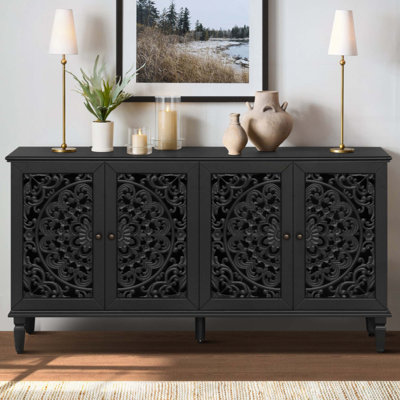 Buffet antique avec sculptures florales avec poignées en laiton antique et tablettes réglables, meuble télé pour téléviseur de 65 po et plus, buffet pour le salon, la salle à manger
