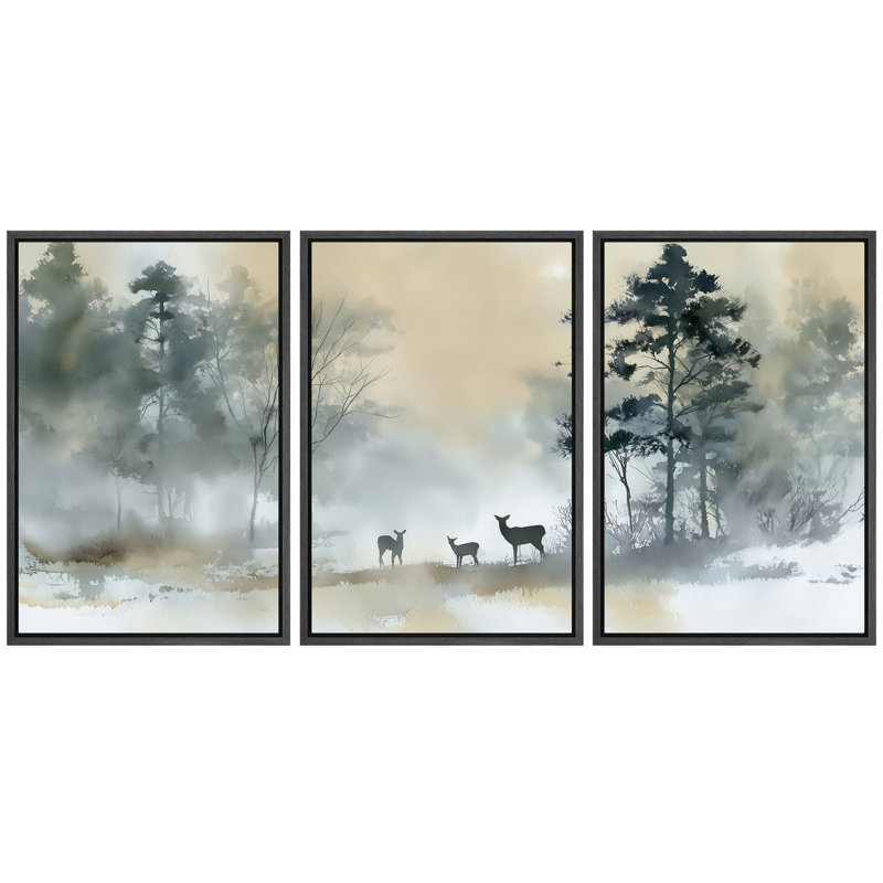 Misty Winter Deer Woodland Landscape, H 24 po x l 48 po x P 1,5 po, Cadre noir