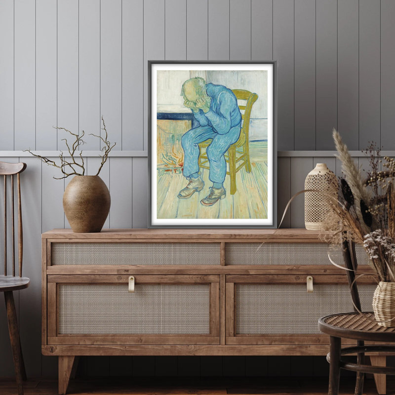 Art mural rétro, peinture encadrée d'un vieillard réfléchi, H 10 po x l 8 po, Encadrement métallique noir