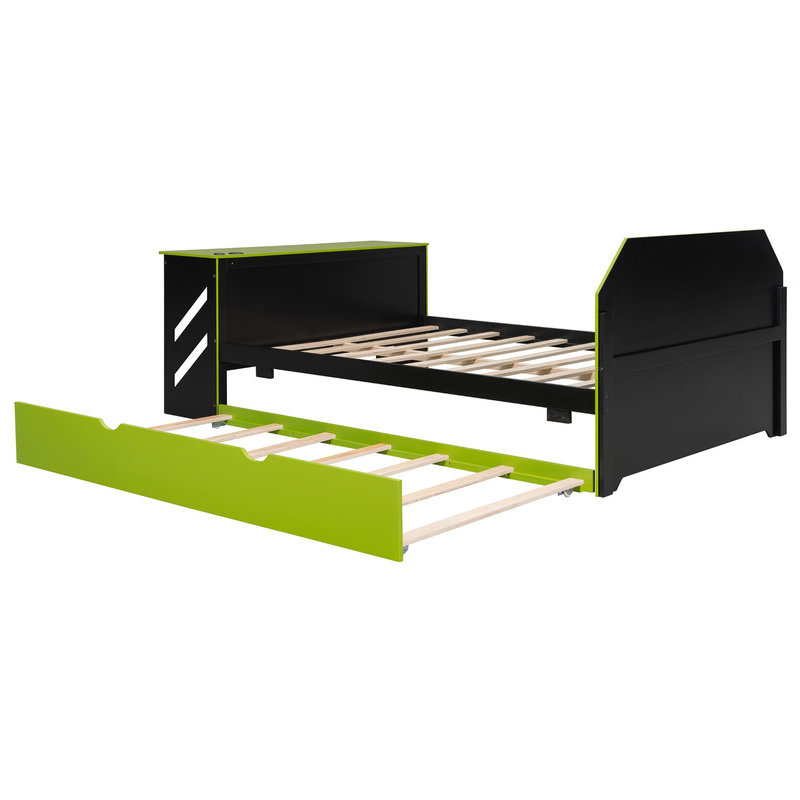 Full Size Wood Daybed with Twin Size Trundle,Desk and USB,Green, Green