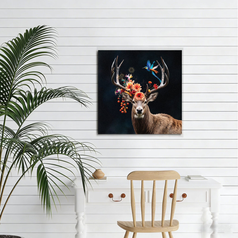 Cerf bohémien floral, sans cadre, murale, 16 x 16 po