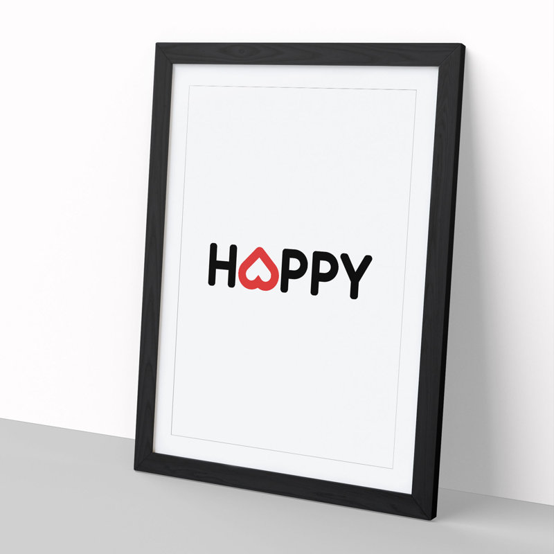 Happy - Picture Frame Typography, 65cm H x 48cm W x 2cm D, Black Framed