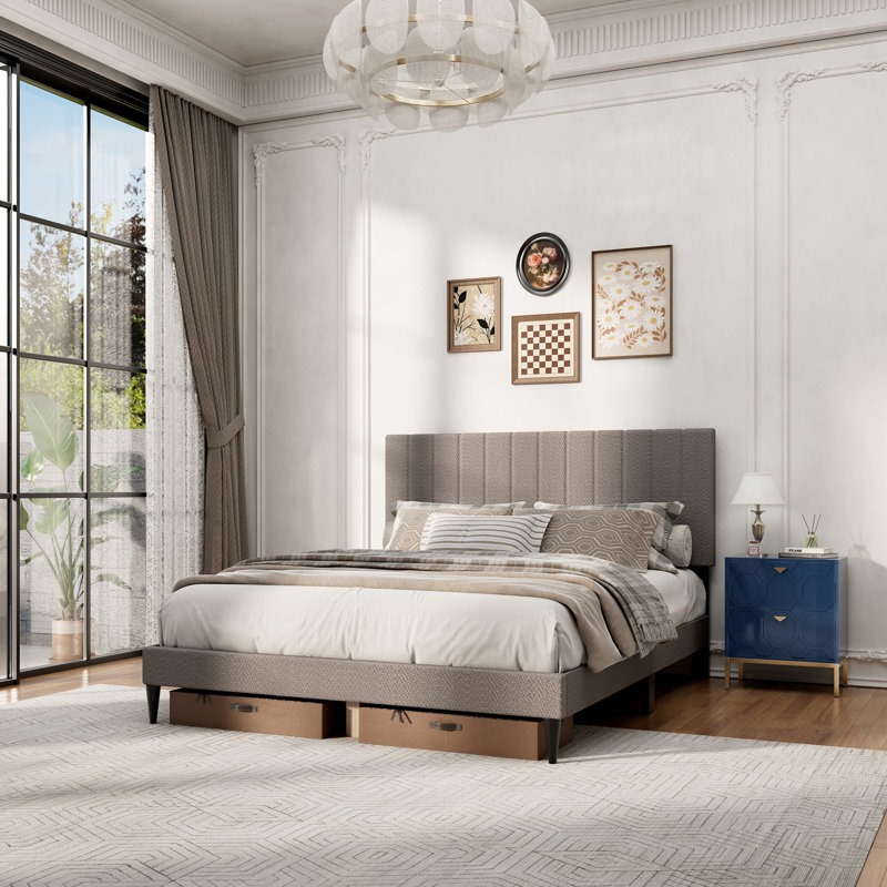 Grand lit plateforme tapissier, Gris