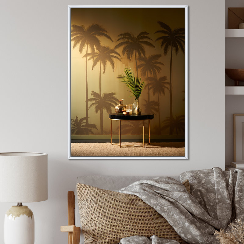 «Golden Grove Palm Tree Shadows» sur toile, H 44 po x l 34 po x P 1,5 po, Cadre flottant blanc