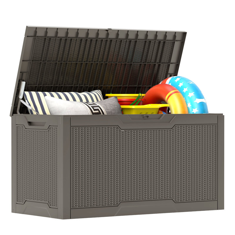 100 Gallon Outdoor Storage Deck Box Large Resin Patio Bench Lockable Container, Light Brown
