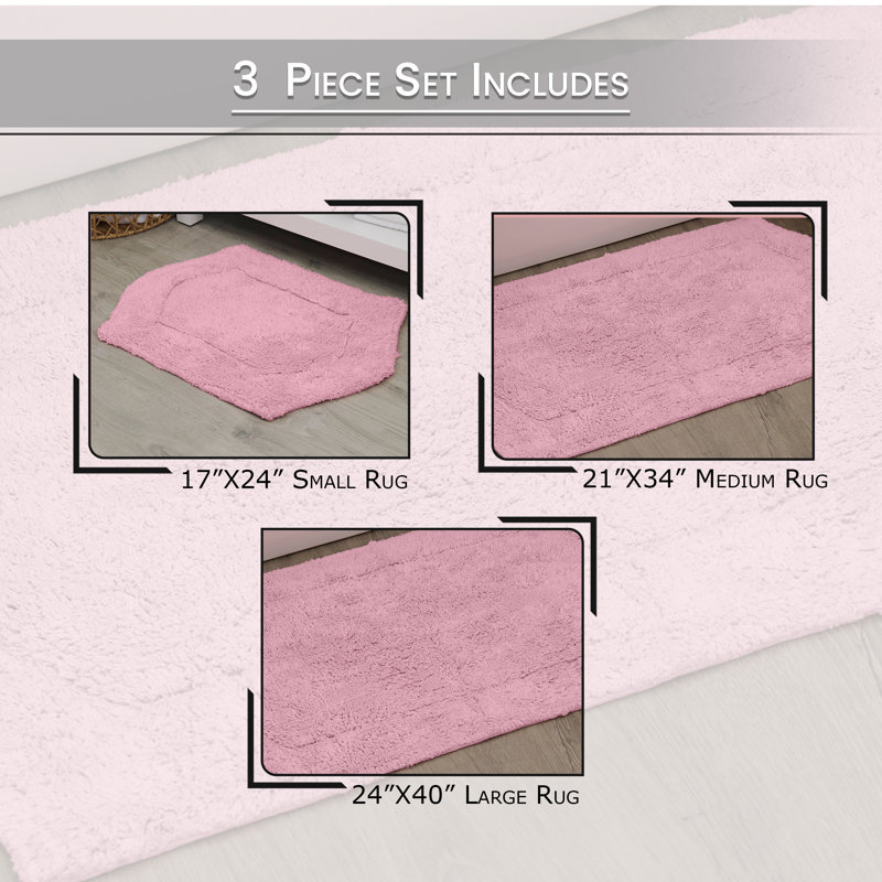 Morissette Waterford 100% Cotton Bath Rug Set, 3 Piece Set, Includes 17"x24", 21"x34" and 24"x40", Spray Latex Backing, Soft Absorbent Bathroom Rugs, Machine Washable