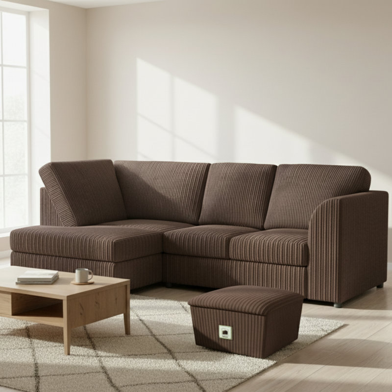 4 Seater Jumbo Cord Corner Sofa High Back Cushion including Foot Stool, Chocolate, Left Hand Facing