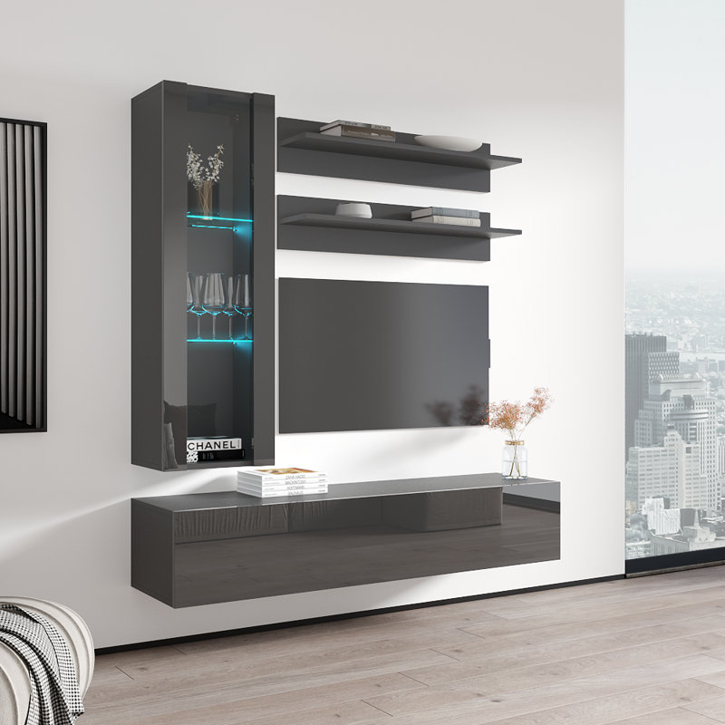 Visser 63" Modern Floating Wall Mounted Entertainment Center with 16-Color LED Lighting, High Gloss Finish, Gray