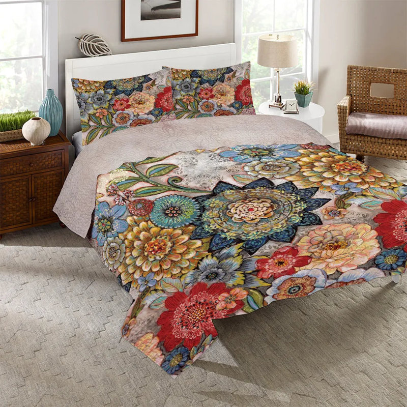 Ensemble de courtepointe réversible Laural Home Boho Bouquet, Simple + 1 taie décorative standard