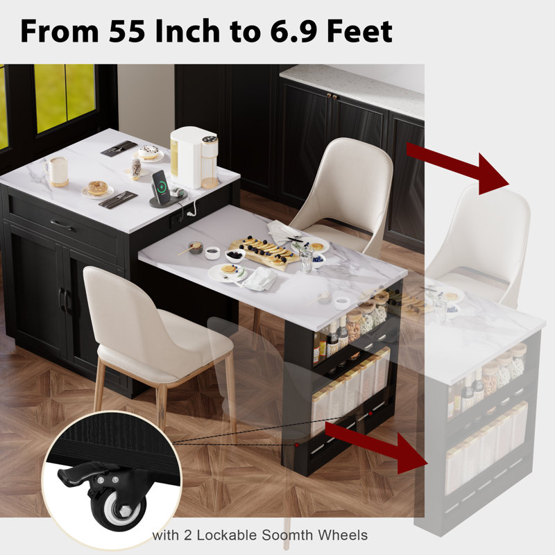 Îlot de cuisine avec table de salle à manger extensible, Noir