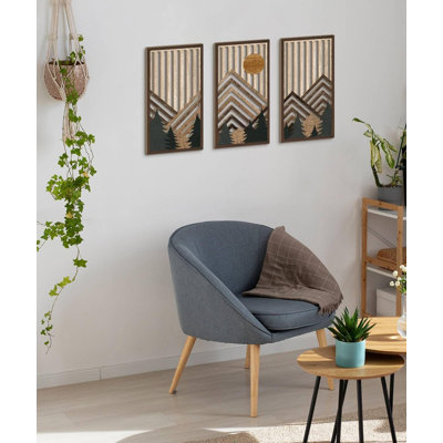 Ensemble d'art mural de montagne, ensemble de 3, décoration murale rustique en bois, œuvre d'art géométrique inspirée de la nature, esthétique moderne de style Mid-Century pour le salon, la chambre à coucher, bureau, brun, 16,5 x 8,6 pouces