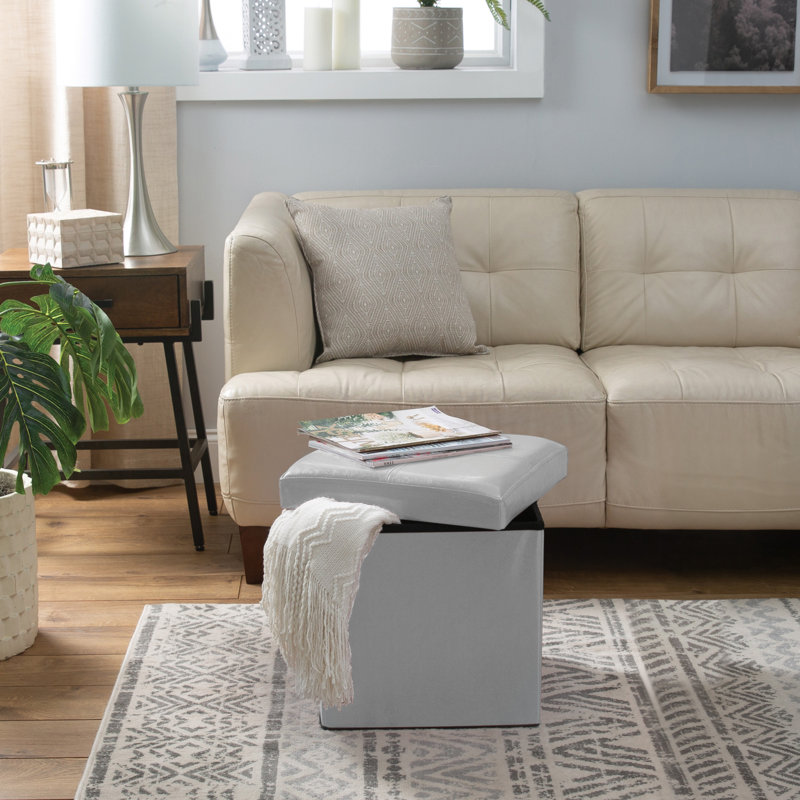 Besma Faux Leather Ottoman, Gray Faux Leather