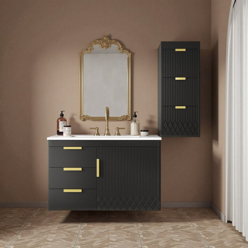 Ensemble de meuble-lavabo mural 30 po avec armoire latérale en céramique et tiroir, Noir