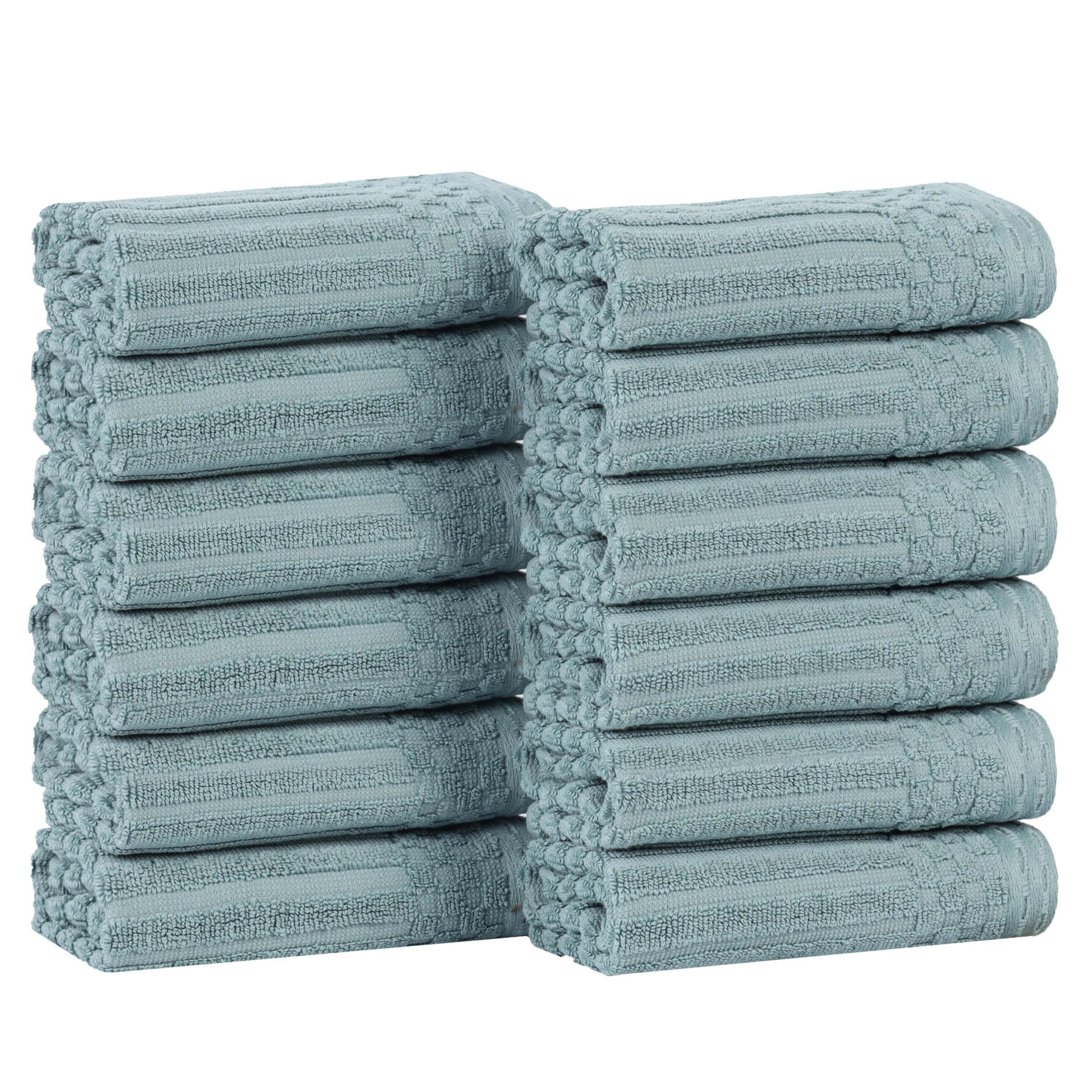 Juras Soho Cotton Ribbed Checkered Border Medium Weight Washcloths Face Towels, Green