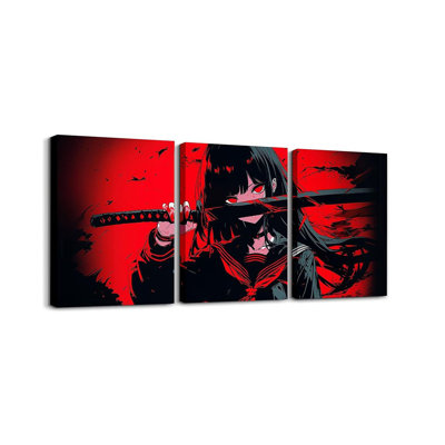 Japanese Anime Canvas Wall Art For Kids, Anime Girl Artwork Posters 12"X 16" Japanese Girl Picture Wall Decor, Kawaii Animation Red Black Painting For Living Room Kitchen Dining Room Wall Decor