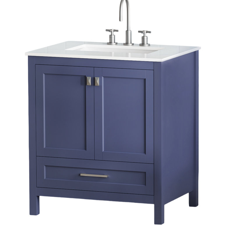 Meuble-lavabo de salle de bain 30 po bleu marine - entièrement assemblé. Comptoir en marbre. Structure en bois massif. Portes. Décoration. Profondeur: 30,99 po x largeur 18,55 po, hauteur 33,01 po. Bois: 91,96 lb, quincaillerie.