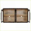 Buffet rétro en verre à 4 portes avec tablettes réglables, espresso | Bois d'hévéa + panneau de fibres à densité moyenne + placage de chêne