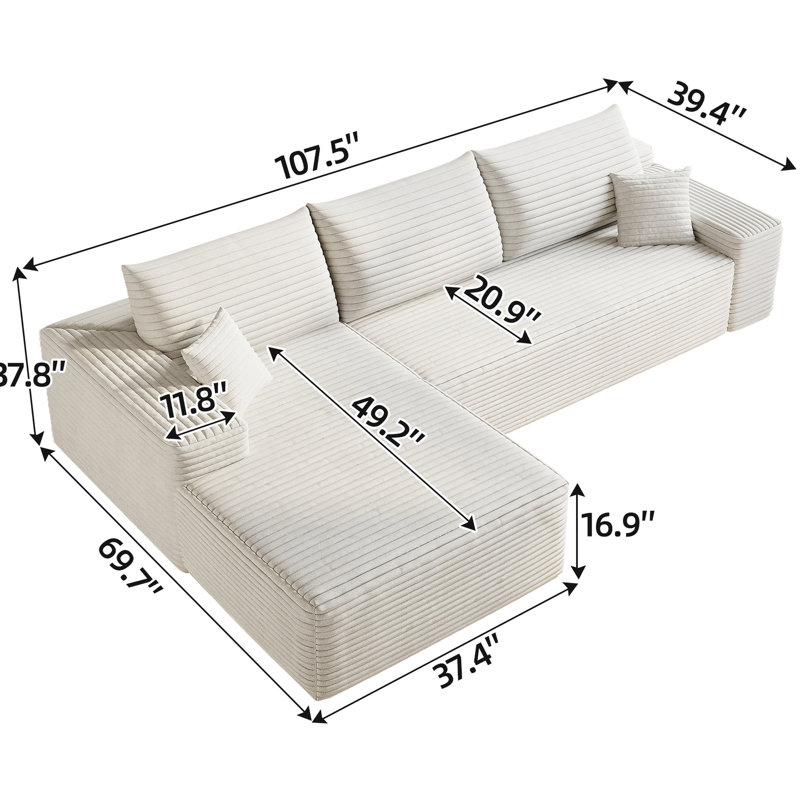 Canapé modulaire en nuage blanc avec méridienne en L de 107 po, revêtement en velours côtelé, sans assemblage pour profondeur de chambre à coucher, conception modulaire moderne, velours côtelé