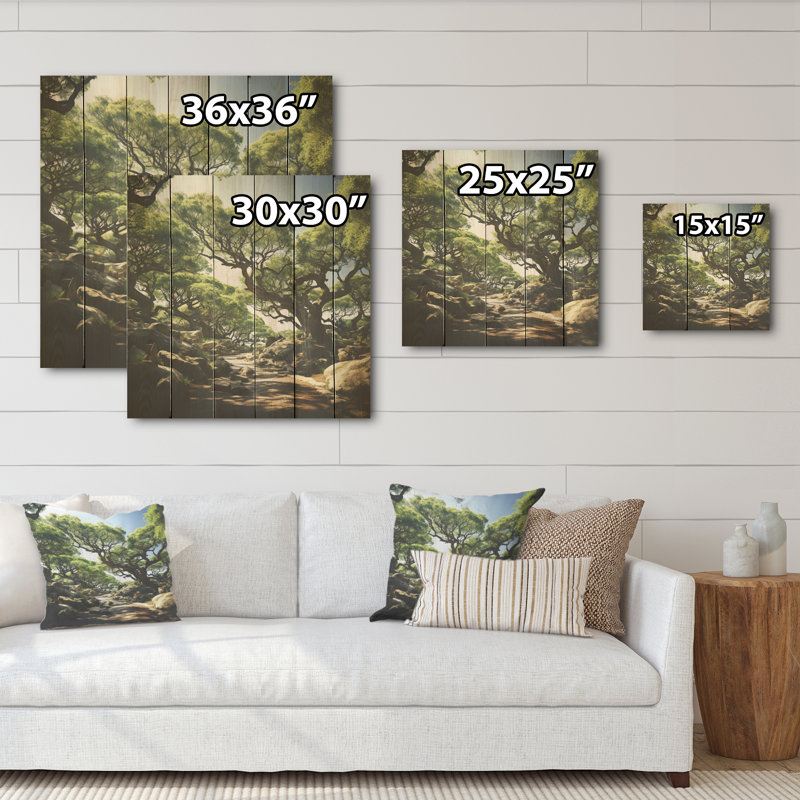 Sentier près du bois en Grèce - Art de chêne sur bois de pin naturel, H 36 po x l 36 po