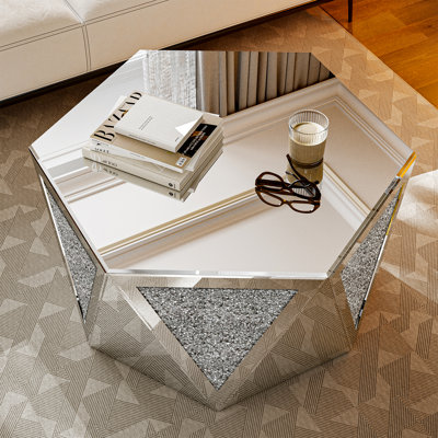 Mirrored Coffee Table with Crushed Diamond, Luxury Hexagon Silver Living Room Table