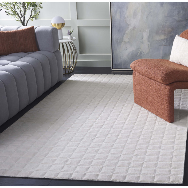 Tapis géométrique ivoire en viscose / coton noué à la main Mirage 646, Rectangle 6 pi x 9 pi