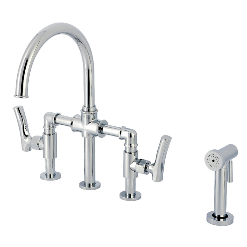 Kingston Brass Hallerbos Two-Handle 4-Hole Deck Mount Bridge Kitchen Faucet with Brass Side Sprayer, Polished Chrome
