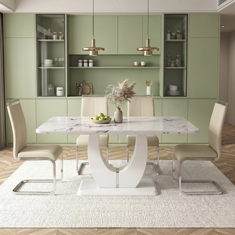 Modern 5-Piece Dining Set With Faux Marble Tabletop And 4 Upholstered C-Frame PU Leather Chairs, White, Beige