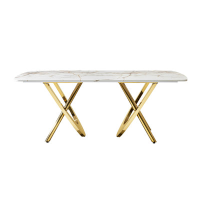 Table de salle à manger en panneau de fibres à densité moyenne avec motif en marbre et base en acier inoxydable doré pour 6 à 8 personnes