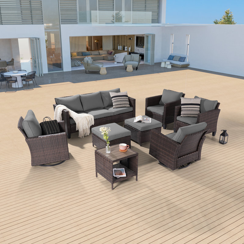 Birdene 8 Piece Wicker Conversation Set with Cushions and Rocking Swivel Chairs, Brown, Gray