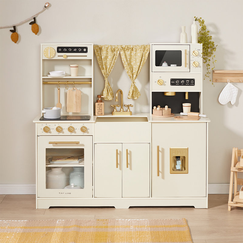 Cream Wooden Play Kitchen Set with Gold Accents