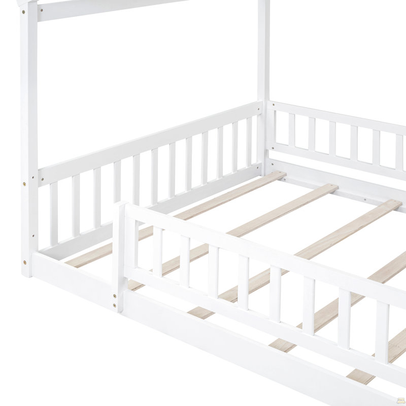 Structure de lit double en bois pleine grandeur avec clôture, Lit double, Blanc