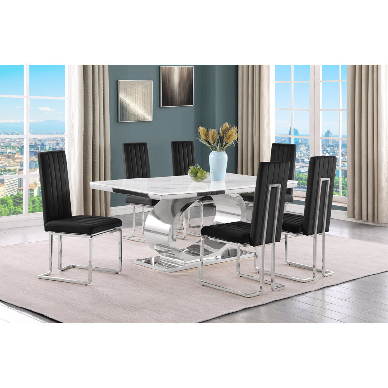 Zudais Marble Top Pedestal Dining Set, Black/Silver, 7, Silver