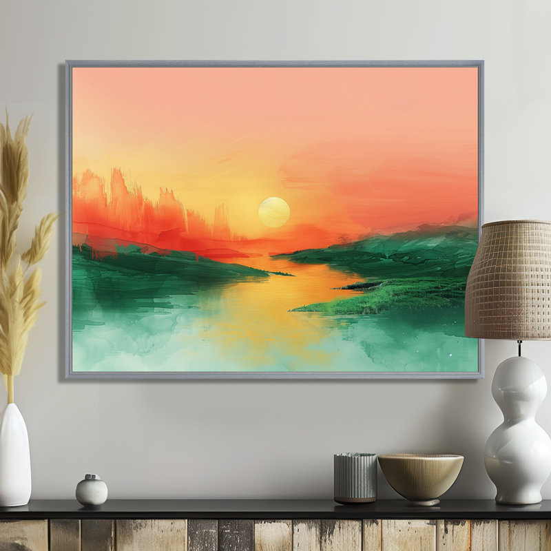 «Green», magique, coucher de soleil, lac, désert, art mural, H 30 po x l 40 po x P 1,5 po, Encadrement argenté