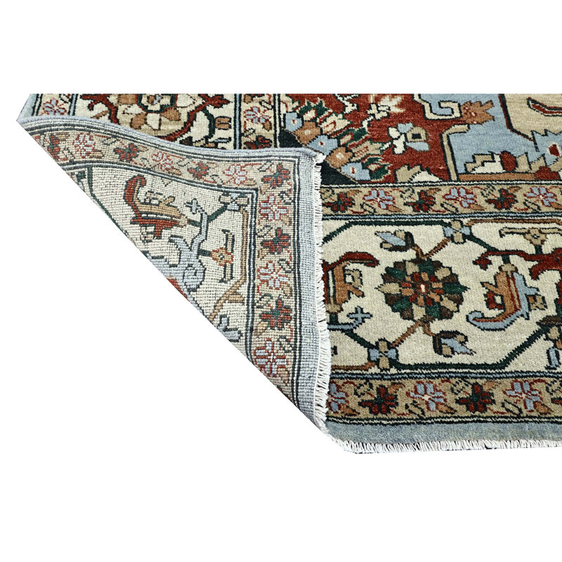 Tapis bleu clair et ivoire noué à la main de haute qualité, Rectangle 6 pi x 9 pi
