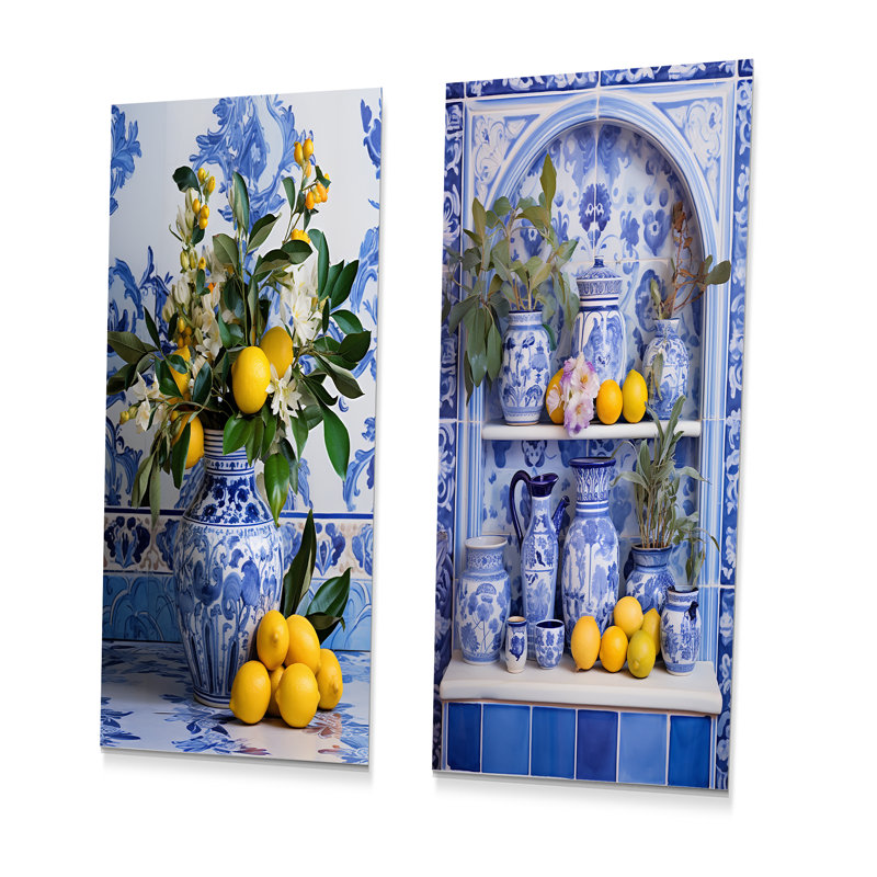 «Greek Tiles Still Life Kitchen II - Boho Pottery», ensemble de 2 reproductions d'art en métal, H 28 po x l 24 po