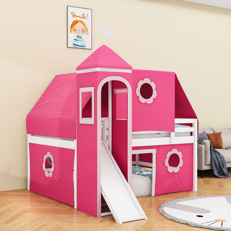 Lit mezzanine en bois avec toboggan, tente et tour, Double, Rose